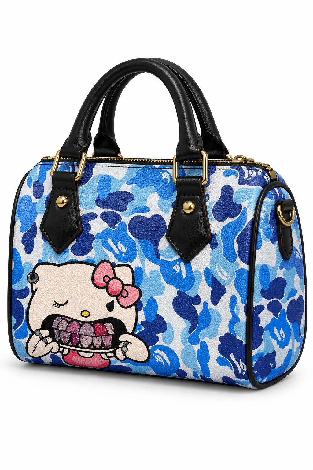 Digitally created three-quarter view of blue camouflage grin pillow bag