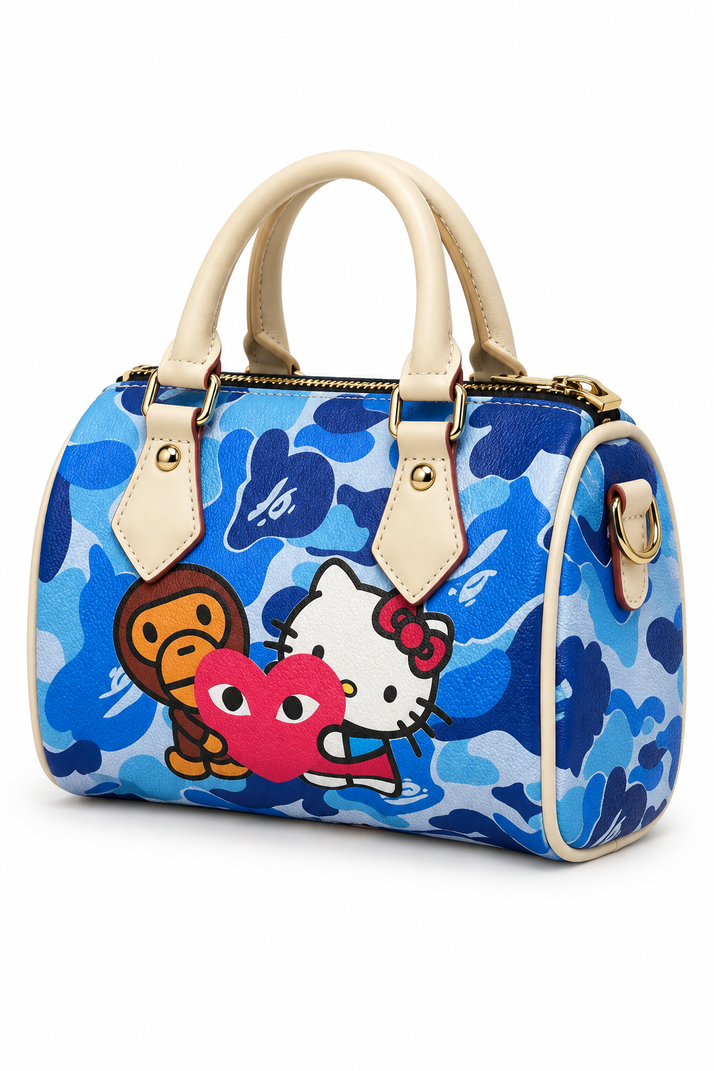 Digitally created three-quarter view of blue camouflage character pillow bag