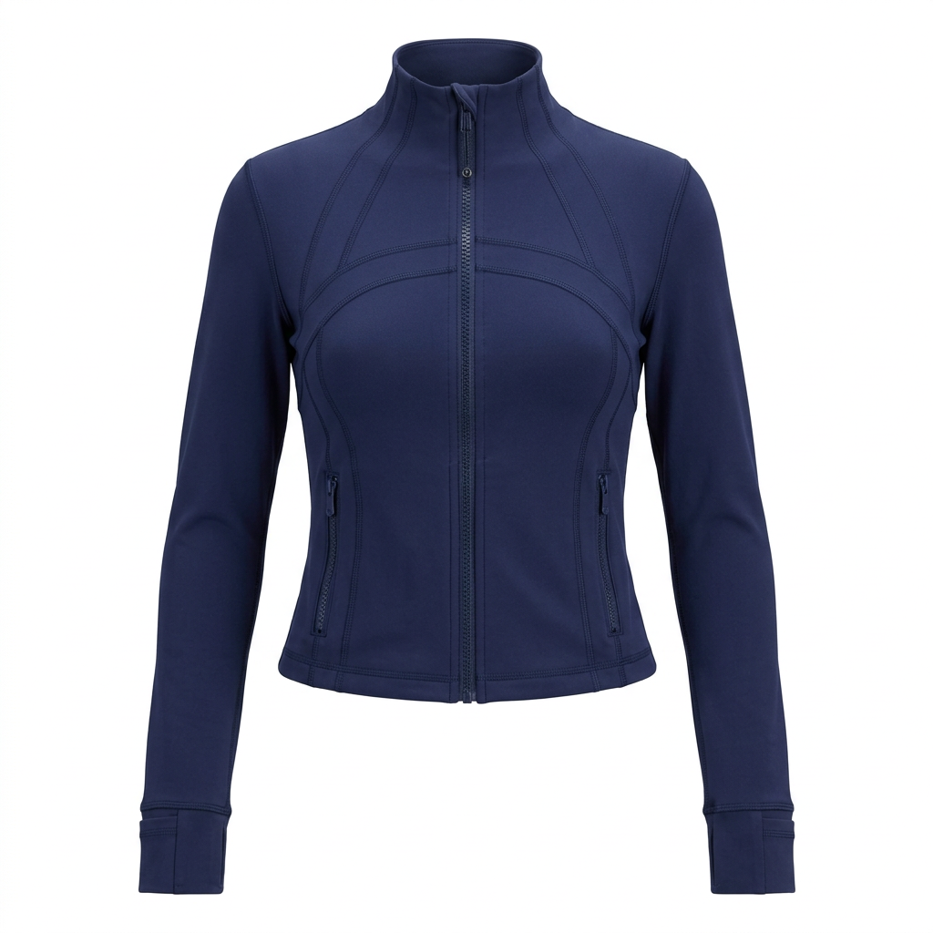 Front view of navy cropped zip jacket on a white background