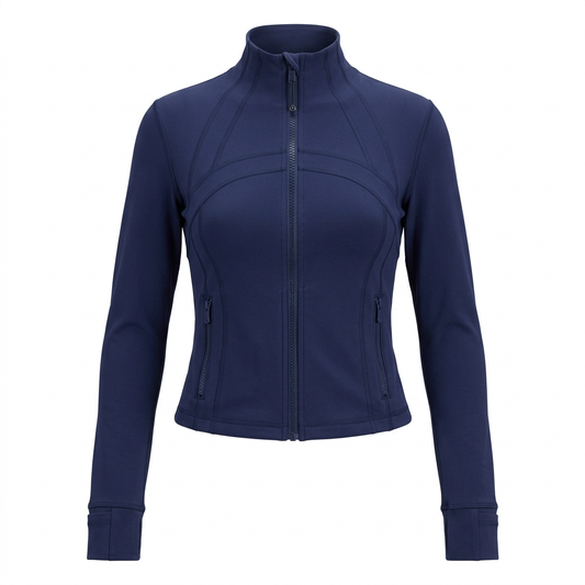 Front view of navy cropped zip jacket on a white background